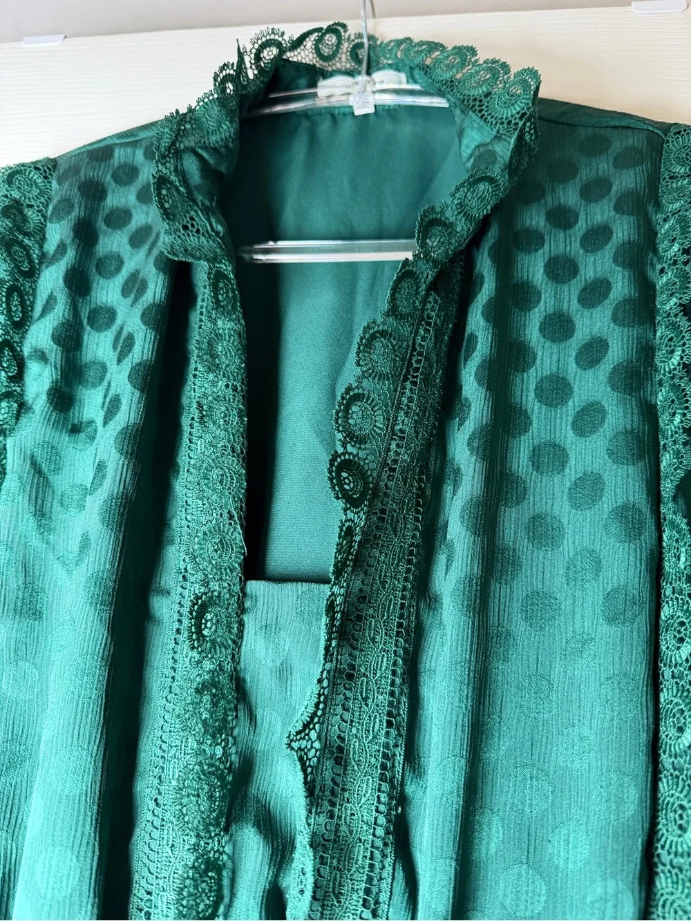Max Studio Emerald Sheer Lace Satin Polka Dot Tiered Maxi Dress Forest Goddess - Picture 6 of 16